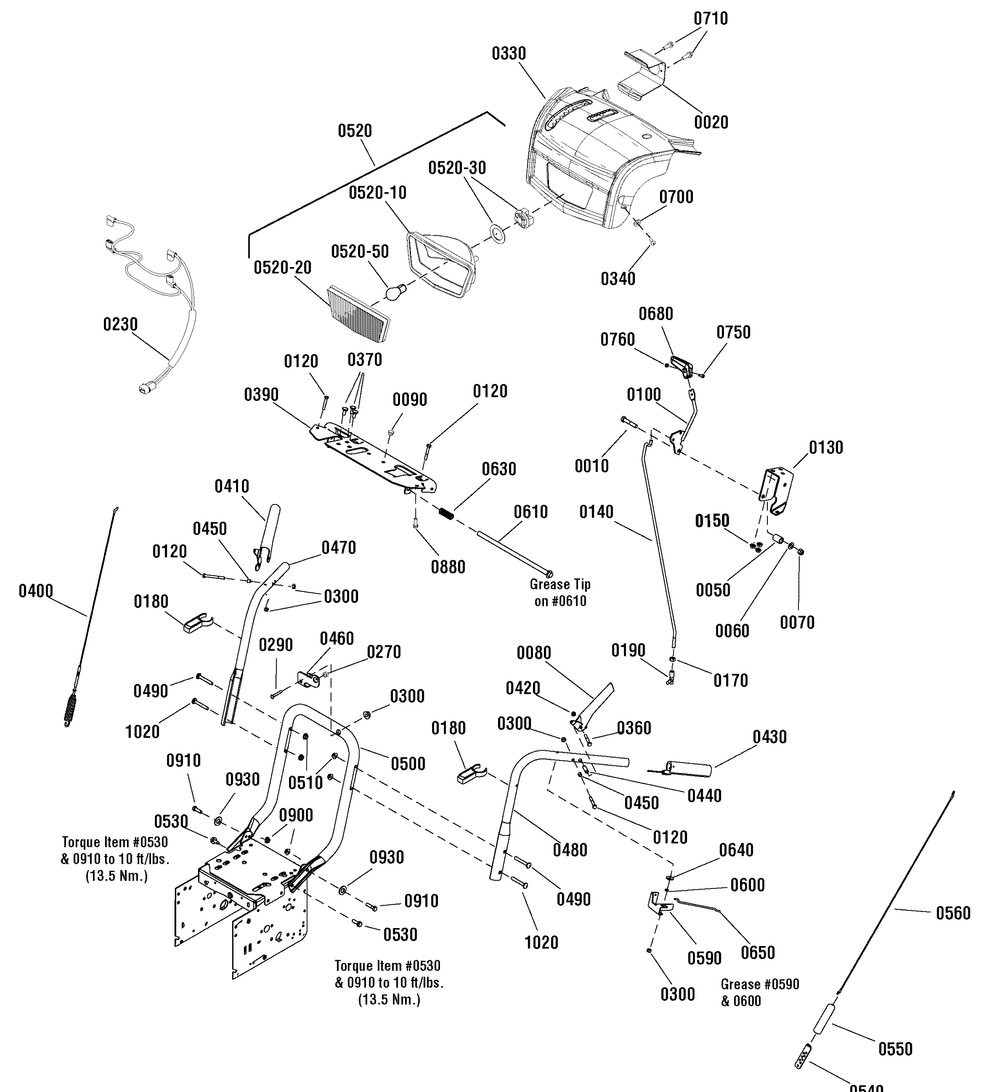 Handles And Controls Group Diagram and Parts List for 1695859-MM741450 2010 Briggs and Stratton Snow Blower